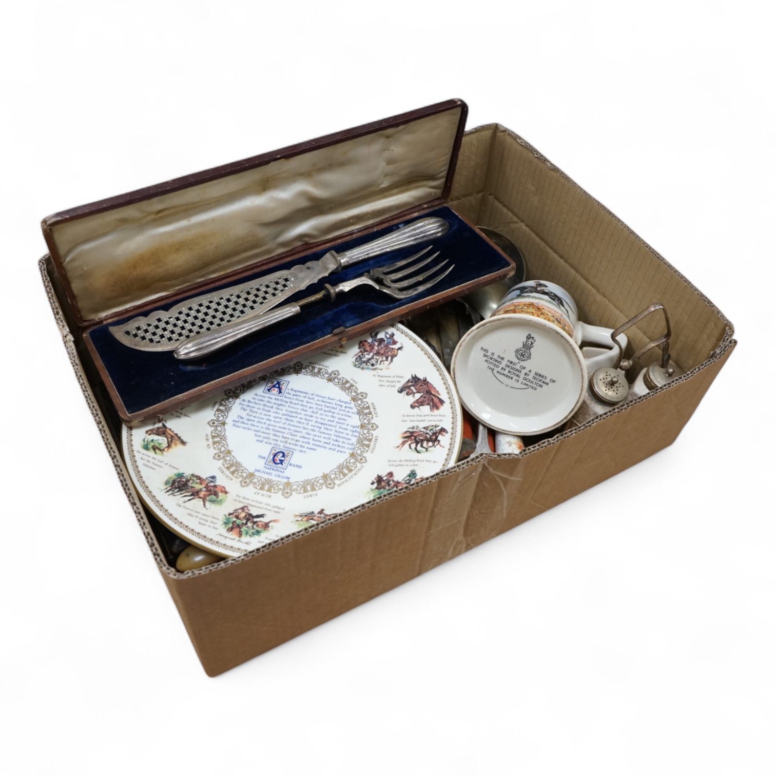 A quantity of plated cutlery, a Royal Doulton limited series sporting mug by Teofani and an Aynsley plate, 27.5cm diameter.
